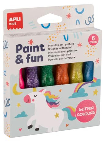 APLI Kids - Gouaches en tube avec pinceau, 19912, peinture pour enfants avec paillettes, 6 tubes de gouache de 13 ml avec pinceau intégré, jeu de peinture lavable pour enfants.