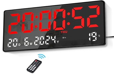 Lafocuse 15.5 Wanduhr Digital LED Groß Display, Digitale Wanduhr Tischuhr mit Fernbedienung, Großen Ziffern, Datum, Temperatur, Woche, Digitaluhr Modern für Wohnzimmer Schlafzimmer Büro Küche, Rot