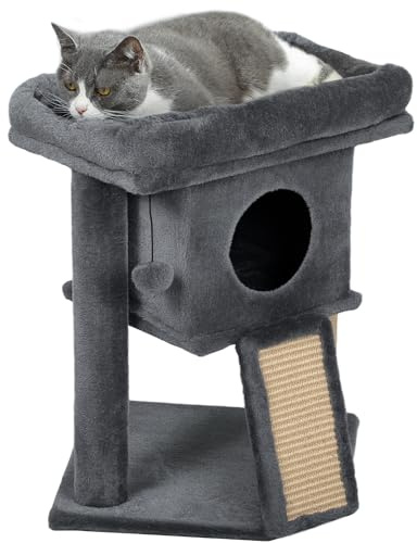 PawHut Kratzbaum 57 cm Kleiner Katzenturm mit Höhle, Spielball, große Plattform, Katzenkratzbaum, Kletterbaum, für Katzen bis 5 kg Dunkelgrau