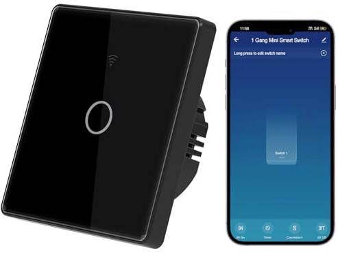 Interruttore Luce Intelligente WiFi Nero 1 Gang 1 Via Compatibile con Alexa, Interruttore senza fili, Interruttori luci da parete Muro Intelligente Smart Life/Tuya App Controllo