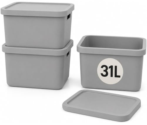 Plastard Aufbewahrungsbox mit Deckel 3er-Set 31 Liter in Grau | BPA-Freie Ordnungsbox für Küche, Bad, Büro, Kinderzimmer, Robuste Stapelbare Kunststoffbox, 46 x 34 x 26 cm, Ordnungskiste