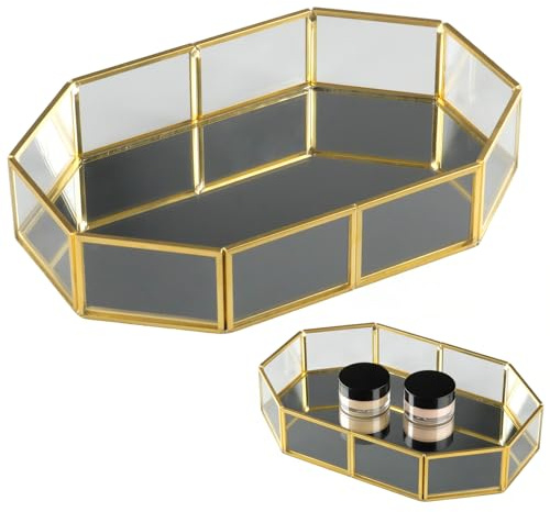 imposyu Gold Glass Mirrored Tray 20 x 14 x 4.5 cm Polygon Metal Decorative Tray Glass Vanity Tray for Dressing Table, Dressing Table, Bathroom, Bedroom, Home Decoration
