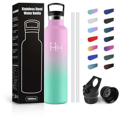 JAPORIA Borraccia Acciaio Inox 1 Litro, Bottiglia senza BPA, Acciaio Inossidabile con Cannuccia, a Prova di Perdite, Borracce per Ufficio, Ciclismo, Palestra, Scuola