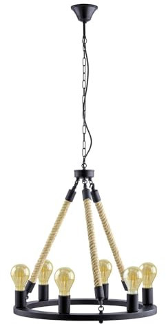 EGLO Pendelleuchte Findlay, 6 flammiger Kronleuchter Vintage, Industrial, Hängelampe aus Naturseil und Stahl in Schwarz, Esstischlampe, Wohnzimmerlampe hängend mit E27 Fassung