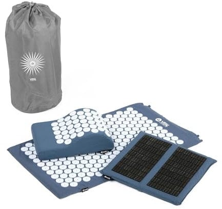 Bodhi VITAL Akupressurmatte Deluxe-Set Spiky | Fakirmatte im Set mit Nadelkissen, Fußmatte & Tasche | Selbstmassage für zu Hause | Massagematte gegen Nacken & Rückenschmerzen | blau