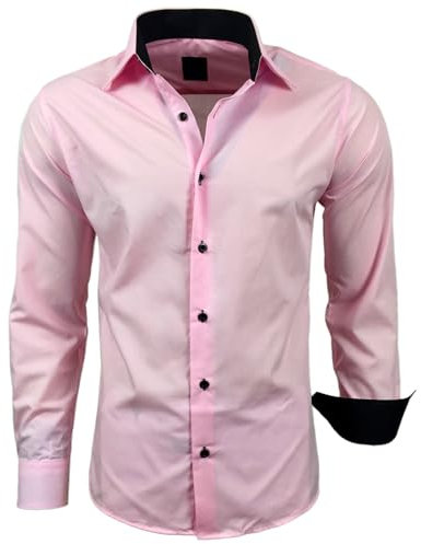 Subliminal Mode - Repassage Facile Chemise Homme Col Bicolore Uni Manches Longues Coupe Slim Business Idée Cadeau, Noël, Saint Valentin RN44,5XL,Rose