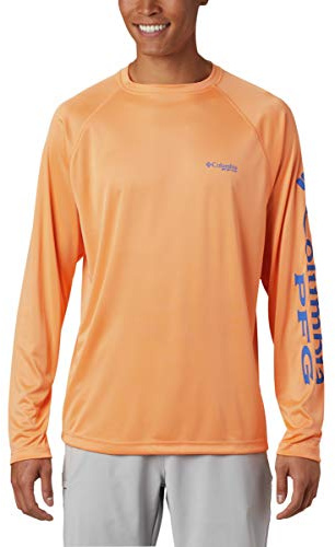 Columbia Men's Terminal Tackle Long Sleeve Fishing Shirt, Bright Nectar/Vivid Blue Logo, Large