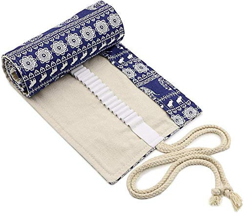 VIONNPPT Canvas Coloured Pencil Case Wrap Roll Up Holder Pouch for Artists Travel Drawing Colouring Portable Canvas Storage Organiser for Ball Pens or Pencils (Elephant, 48 Holes)