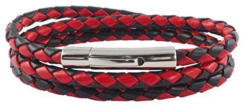 König Design Lederkette Lederband Leder-Armband 6 mm Herren Halskette Schwarz Rot 20 cm lang mit Hebeldruck-Verschluss Silber geflochten
