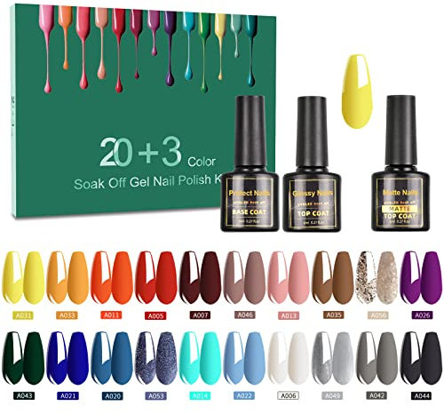 SINZONeu Vernis Semi Permanent, 23 Manucure Nail Art Lot Vernis à Ongles Gel UV LED Nail Polish 20 couleurs Populaire Avec Base et Top Coat, Matt Top Coat, 8ml