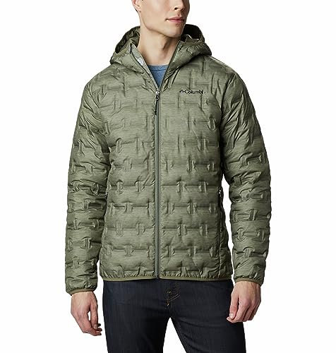Columbia Men's Delta Ridge Down Hooded Jacket, Hooded Puffer Down Jacket, Stone Green Heather Print, Size XL