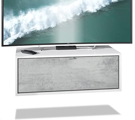 Vladon TV Board Lana 80 Hängeschrank Lowboard 80 x 29 x 37 cm, Made in Germany, Korpus in Weiß matt, Fronten in Beton Oxid Optik | Große Farbauswahl