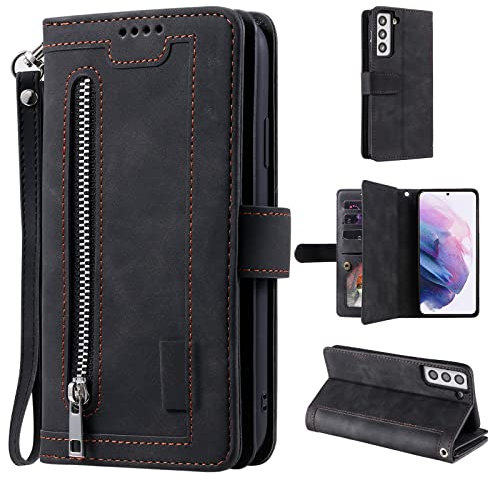 UEEBAI Wallet Case for Samsung Galaxy S21 5G, Retro 9 Card Holder Slots Zipper Pocket Handbag Case PU Leather Magnetic Closure Kickstand with Wrist Strap TPU Shockproof folio Case - Black