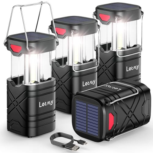 LETMY Paquete de 4 faroles de camping, linternas LED recargables, linterna solar con pilas para huracanes con 3 formas de alimentación y cable USB para emergencias, corte de energía, suministros para