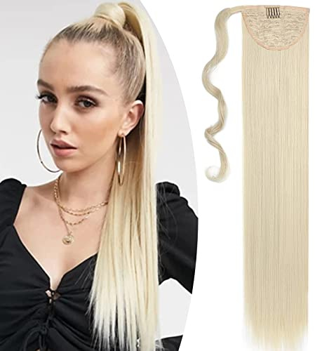 SEGO Lang Pferdeschwanz Haarteil Zopf lockig Clip in Ponytail Haarverlängerung Extension Hair Piece Wrap on wie Echthaar Glatt-Gebleichtes Blond-1 81 cm