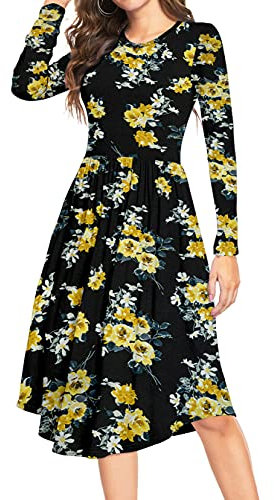 YUNDAI Women Summer Midi Dress Long Sleeve Ladies Dress Crew Neck Floral Plain Beach Party Dresses with Pocket