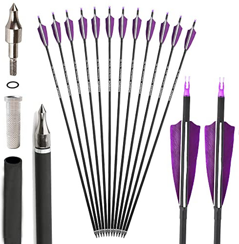 SHARROW 32 Zoll Carbon Pfeile für Bogenschießen Spine 500 Kohlenstoffpfeil Jagd Bogen Pfeile Jagdpfeile mit 4 Zoll Natürliche Federn für Pfeil Und Bogen Recurvebogen Compoundbogen (Lila, 6P)