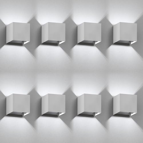 ledscom.de 8 Stück Wandleuchte CUBEL für außen, weiß, IP65, Up & Downlight, quadratisch + LED Lampe 596lm, weiß