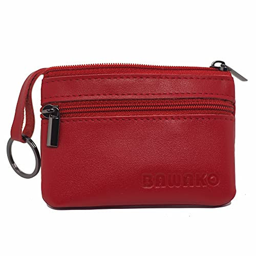 BAWAKO Porte-monnaie en cuir véritable, petite pièce de monnaie pour homme et femme, avec deux compartiments, fermeture éclair, porte-clés, mini porte-monnaie, S, rouge, 10 cm * 7 cm, Classique