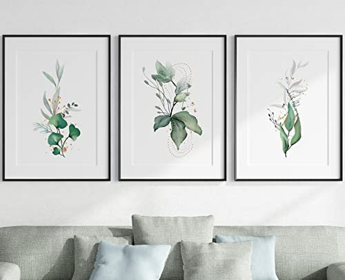 Eviepops Prints Eucalyptus Botanical Wall Art Set of 3 Unframed Prints, Abstract Tropical Plant Decor, Living Room Bedroom Poster Home Decor, White Plant Leaves Green Gold (A4)