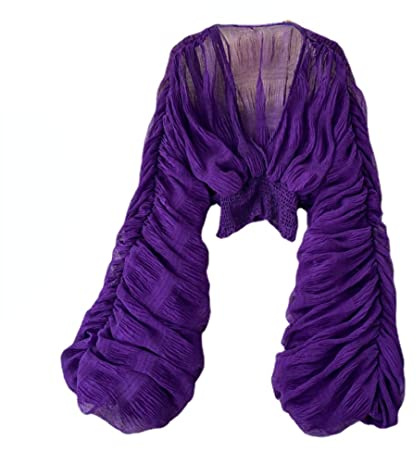 Blus med trumpetärmar för kvinnor, fin topp för kvällsevenemang, spetsblus, Lila, one size