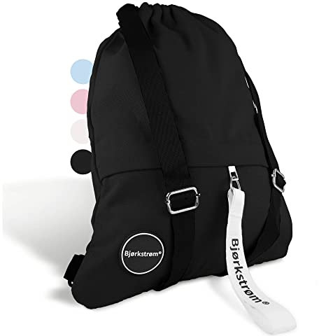 Bjørkstrøm® Sportbeutel mit Außentasche und Reißverschluß - Lifestyle Rucksack mit Verstellbar Tunnelzug - Original Sportbeutel Turnbeutel - Gymsack für Damen & Herren (schwarz)