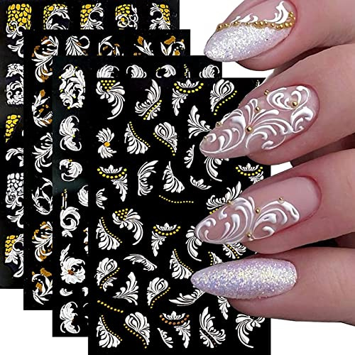 RUNRAYAY 4 Sheets 5D Embossed Flowers Nail Art Stickers, Self-Adhesive Gold Nail Decals Nail Supplies Nail Design for Summer DIY Acrylic Nail Decoration