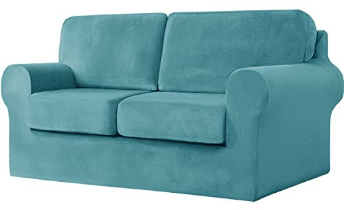 jianyana High Stretch Sofabezug, 1/2/3 sitzerSamt Elastisch Sofa Überwürfe Sofabezug mit Gummizug Einstellband (Blau,2-Sitzer-5PCS)
