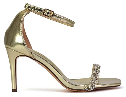 ESSEX GLAM Womens Mid High Heel Sandals Ladies Diamante Square Toe Evening Party Shoes Size 3-8
