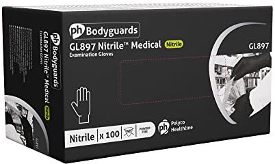 Extra Large ORIGINAL GL8975 Polyco Bodyguards Disposable Black Nitrile Examination Gloves | Medical | Industrial | Hair, Beauty | Food | Janitorial | Powder Free | Latex Free | 1 Box of 100