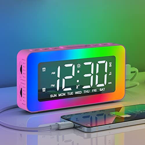 Réveil Électronique avec 2 Réveils, Miroir Horloge Numérique LED avec 8 Modes Lumière, Snooze, Aide au Sommeil, Minuterie, avec Gradateur Continu, Port de Charge USB pour Fille,Garçon