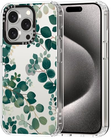 MOSNOVO Case for iPhone 15 Pro, [Buffertech 6.6ft Military-Grade Drop Protection] [Anti Peel Off Tech] Clear TPU Bumper Phone Case Cover Design - Eucalyptus