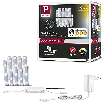 Paulmann 78868 LED Stripe MaxLED 250 Basisset Smart Home Zigbee Tunable White 1,5m IP44 8W 230/24V 405lm Silber LED Lichtband spritzwassergeschützt