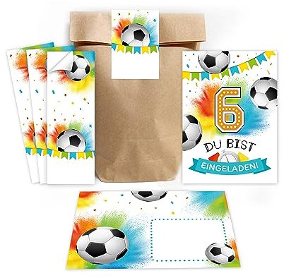 Minkocards 12 Einladungskarten zum 6. Kindergeburtstag Junge Fußball Fussball Einladungen zum sechsten Geburtstag incl. 12 Umschläge, 12 Partytüten/natur, 12 Aufkleber