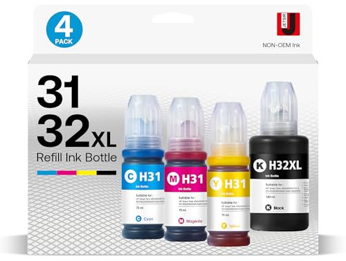 JETSIR 31 32XL Ink Bottle Refill Kit, 4-Pack (140ML Black, 70ML Cyan, Magenta, Yellow), Compatible with HP Smart Tank & Plus Series, Up to 6000/8000 Pages, Convenient Ink Bottle Set