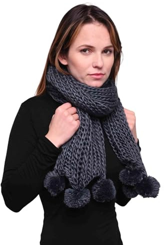 Basic Sense Grobstrick Schal Winter mit Pom Pom Akzenten, grau, One size