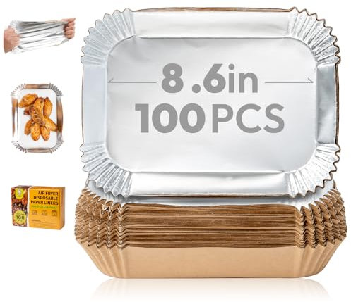 Katbite 100pcs Rectangle Air Fryer Liners for Greasy Foods,Fast-Heating,8.6x5.5 Disposable Aluminum Foil Liner,Oil-Proof Dual Basket Accessories for Ninja Foodi DZ201,DZ401,DZ090 -(PerformanceSeries)