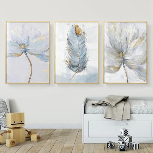 FSLEOVN 3er Poster Set Blau Blume Bilder Nordische Stilvolle Blumen Feder Wandbilder Blau Natur Leinwand Kunstposter Wanddeko Bilder Ohne Rahmen (Blau,50x70cm)