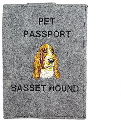 Art-Dog Hundepasshülle - Handgefertigte Filzhülle mit gesticktem Muster - Tierärztliche Reisepasshülle für Hunde - 17x12,5cm - Basset Hound