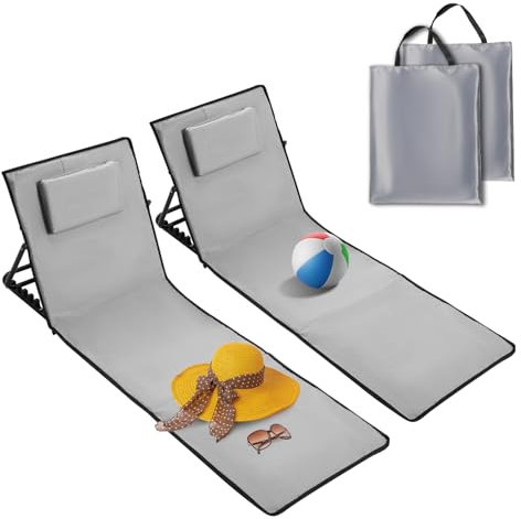 Ikodm Strandmatte 2X, Strandliege klappbar leicht, Strandmatte Faltbar mit 5-stufig Verstellbarer Rückenlehne, Tragbar, inklusive Tragetasche, Beachmatte für Urlaub, Garten, Camping -Hellgrau