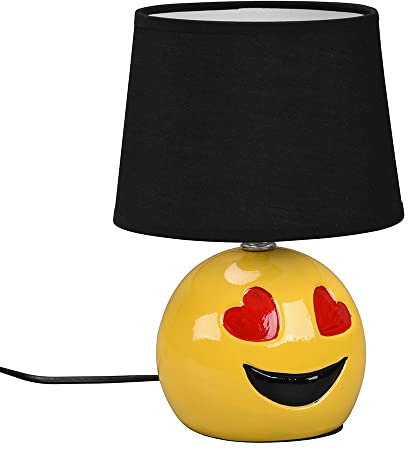 etc-shop Nachttischlampe Keramik Tischlampe für Schlafzimmer Wohnzimmerlampe Tischlampe Modern, Emoji mit Herzaugen gelb, Textil schwarz, E14 Fassung, DxH 18x26 cm