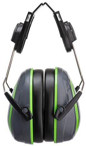 Portwest PW75 HV Extreme Ear Defenders Low Clip-On Helmet Mounted | Grey/Green, One Size, Helmet Mounted, Lightweight, Colour Coded Cups, Comfortable, Certified Hearing Protection