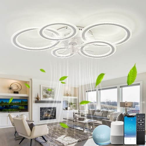 Fachae 33,9in Ventiladores De Techo Con Luz,Función De Memoria Inteligente,Lampara Ventilador Techo,Funciona Con Alexa Y Google Assistant,Silencioso Reversible,Blanco, Asistente De Voz