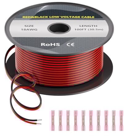 18 AWG Electrical Wire - 100FT/30m 2 Conductors Parallel Red Black Extension Cable Cord, Tinned Copper Wire Electric Cable with 10 Connectors for Led Strips/Speakers/Lamps