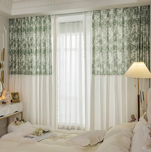 Mesnt Transparente Gardinen mit Ösen, Creme weiß und grün Blumenmuster Patchwork gestickte Blume Schiere Vorhänge für Schlafzimmer und Wohnzimmer107 x 160 cm