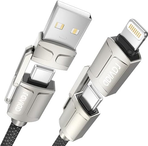 RAVIAD Cable de Carga Múltiple 1M 4 en 1 con USB C/A a Lightning, USB C/A a C - 60W PD Nylon para Samsung Galaxy, Huawei, Honor, iPhone