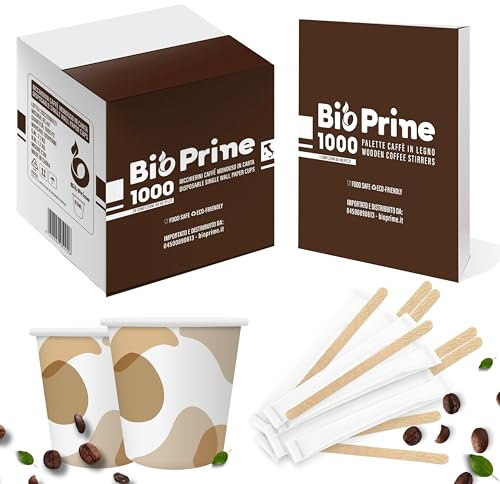Bicchierini Caffè in Carta + 1000 Palettine in Legno di Betulla - Imbustate Singolarmente - Usa e Getta