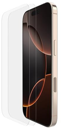 Belkin ScreenForce TemperedGlass Protector de Pantalla para iPhone 16 Pro, antiarañazos, marco de alineación fácil para aplicación sin burbujas, cristal templado para iPhone 16 Pro, paquete de 2