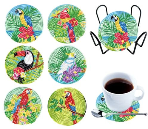 F4B 6-teilige Untersetzer Exotische Vögel Diamantmalerei | Runde Strasssteine | Mit Halter | Untersetzer | Papagei | Kakadu | Tukan | Kinder | Paket Erwachsene und Kinder