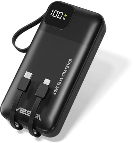 Powerbank 20.000 mAh Schwarz – 22,5 W Schnelllade-Powerbank mit PD 20W, integriertem USB-C- & Lightning-Kabel, LCD-Display, LED-Taschenlampe sowie USB-A, USB-C und Trageschlaufe